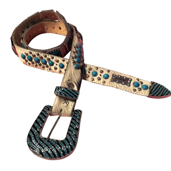 BHW Unisex Belt Leather Cowhide Turquoise Rhinestone Silver XL 41L Western Bling - Picture 6 of 9